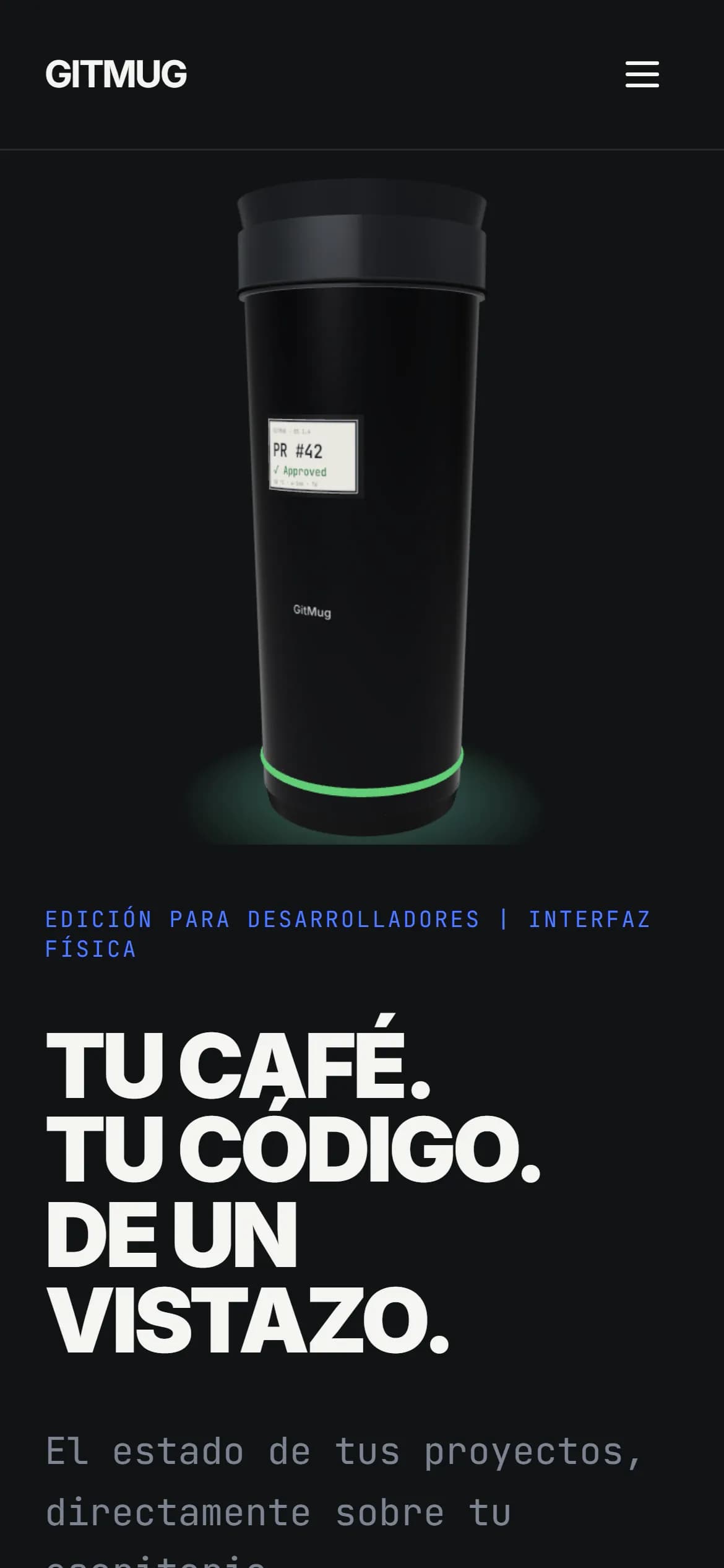 Portada de GitMug en un móvil, con el termo en 3D sobre el titular.