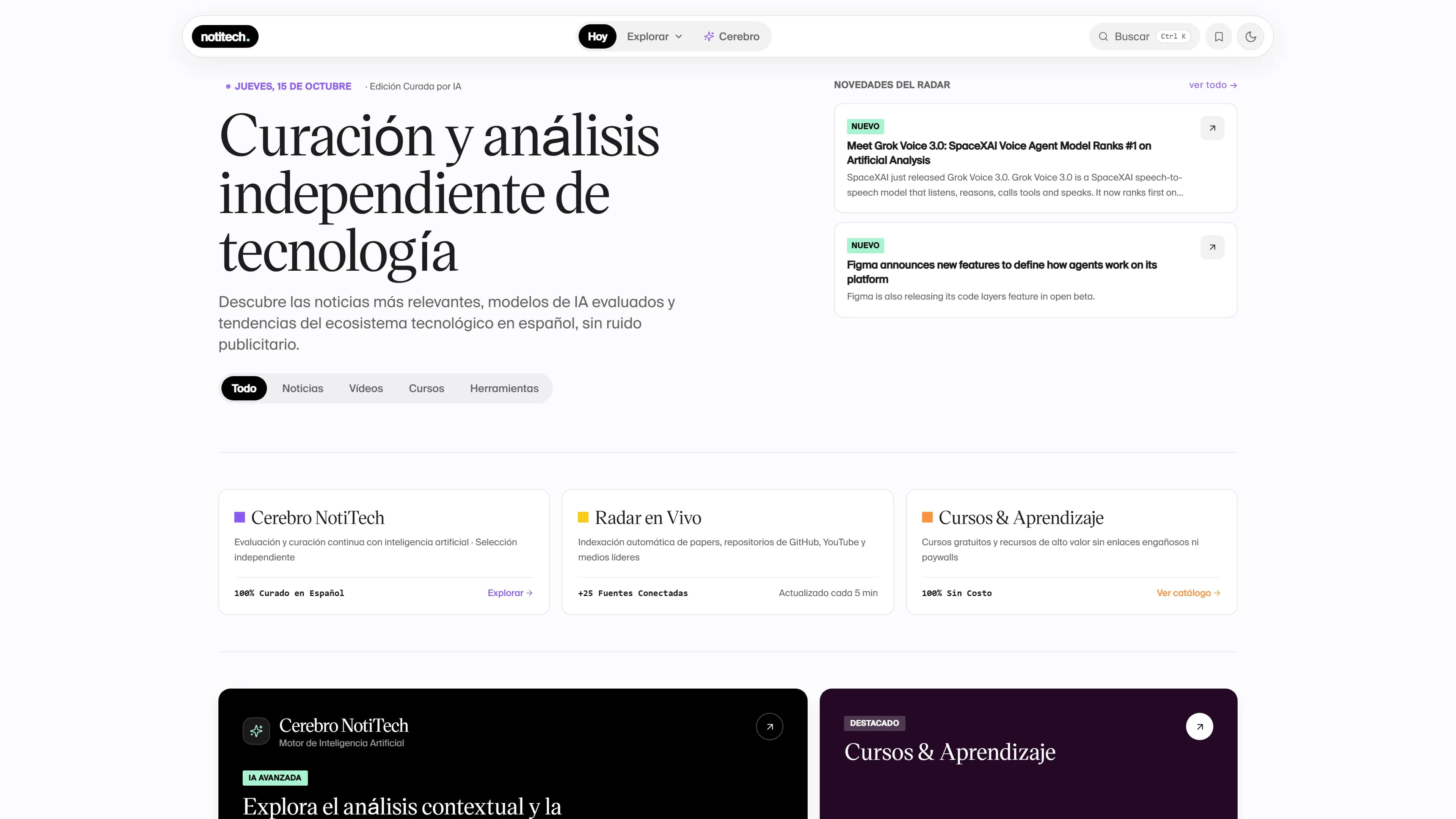 Portada de NotiTech en escritorio: titular editorial, novedades del radar y filtros por tipo de contenido, con la barra de navegación flotante.