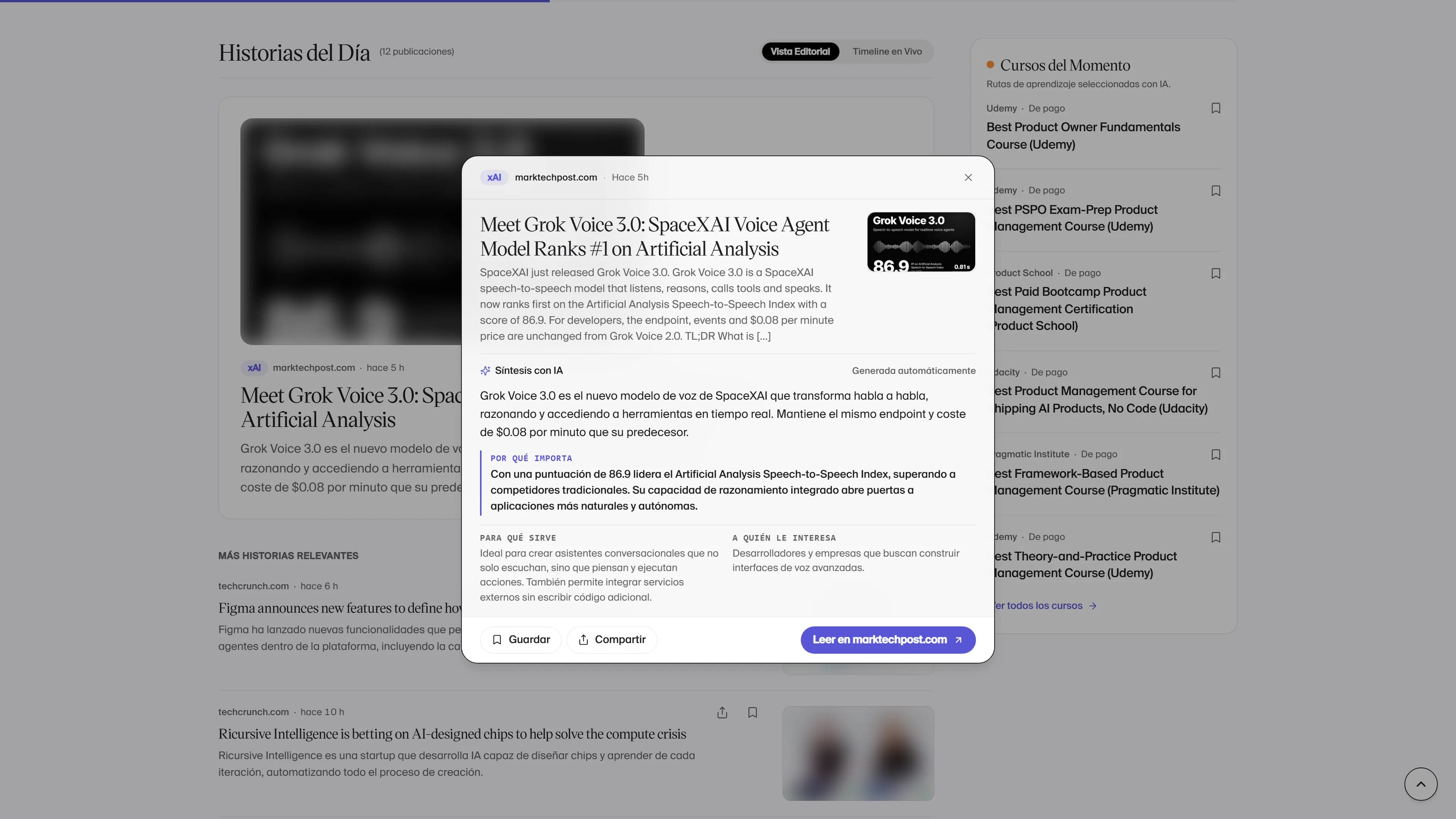 Panel de una noticia con el bloque «Síntesis con IA», por qué importa, para qué sirve, a quién le interesa y el botón para leer en la fuente original.